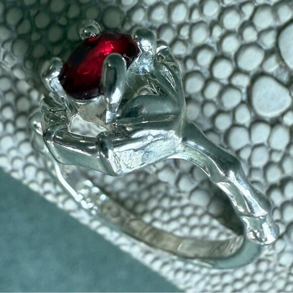 Silver Tone Ring with Bright Red Center Stone & Unique Textured Band - Picture 5 of 16